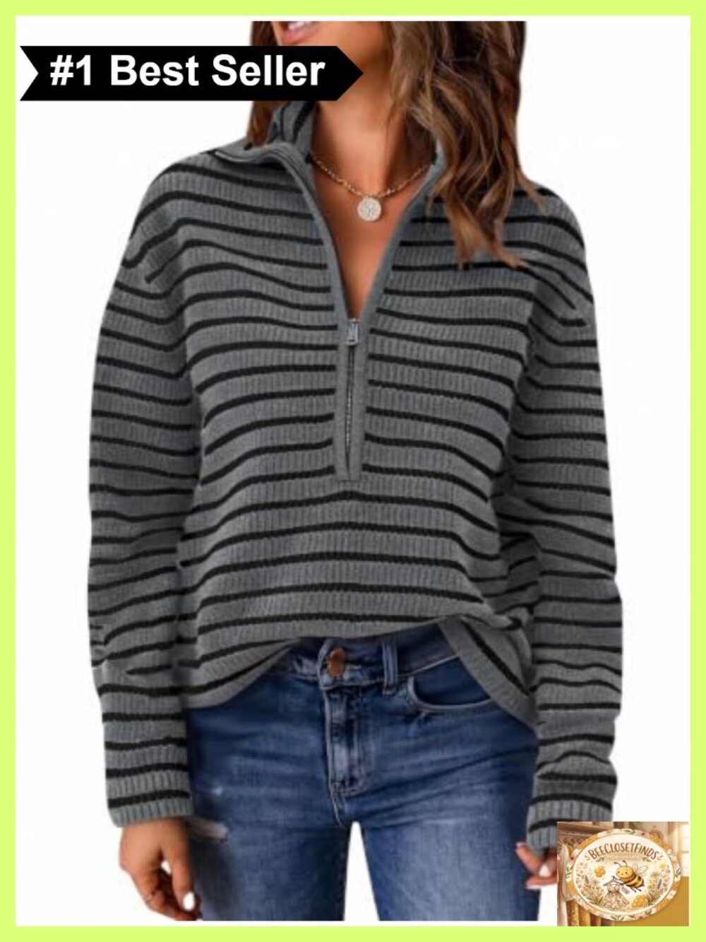 Saodimallsu Women's Striped V-Neck Half Zip Knit Pullover Sweater Size S